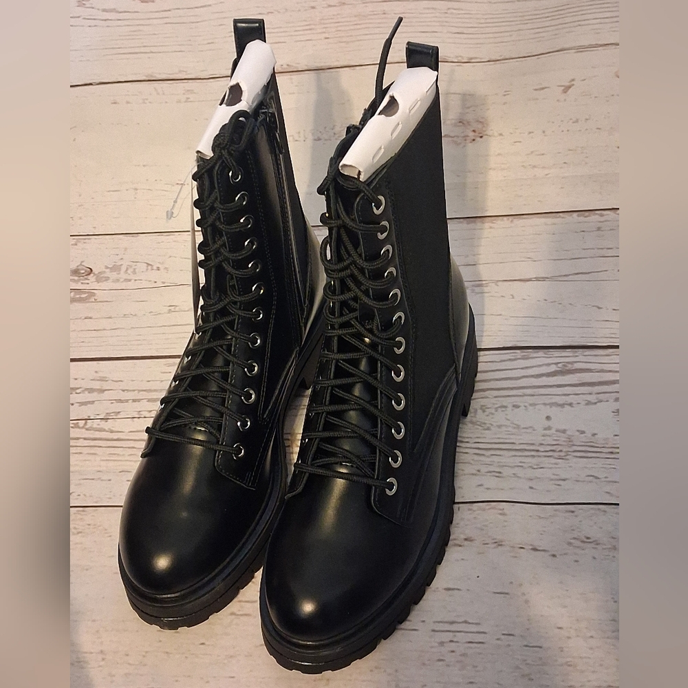 No Boundaries Black Vinyl And Fabric Lace-Up Combat Boots Size 9 - Picture 2 of 7
